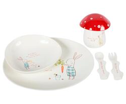 Maileg - Dining set for children (boy) - Bunny Green Melamin -  (plate, bowl, fork, spoon and cup with egg holder