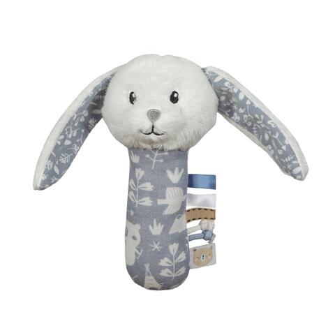 Rabbit Rattle - Cuddie Rattle. Viggo is very preoccupied with this cute rabbit rattle. The sewn-on ribbons in different structures catch his attention.