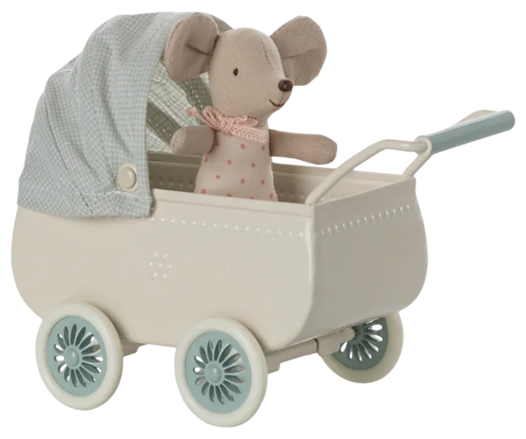 Maileg - Stroller with baby mouse - Mint- Pre-order - expected in stock 3-20-2025