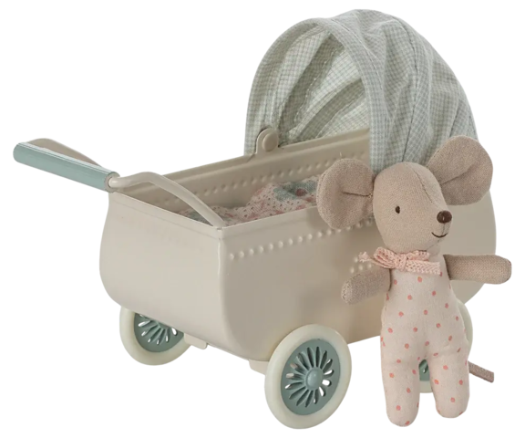 Maileg - Stroller with baby mouse - Mint- Pre-order - expected in stock 3-20-2025