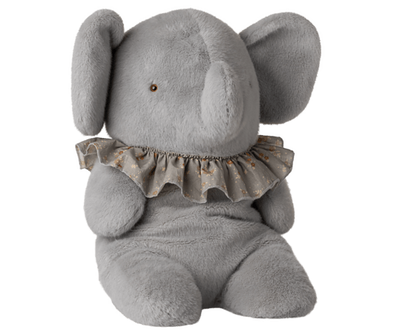 Blød blå/grå elefant i plys der kan sidde selv